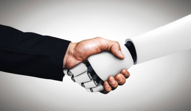 MLP 3D illüstrasyon insansı robot tokalaşması. Yapay zeka, yapay zeka ve 4. Endüstriyel Devrim için makine öğrenme sürecinin gelecekteki teknoloji gelişimine yardımcı olmak için..
