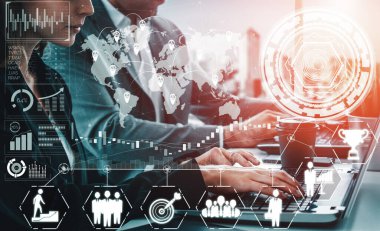 İş ve Finans Konsepti Veri Analizi. Dijital iş stratejisi için gelecekteki kar analitik bilgisayar teknolojisini, çevrimiçi pazarlama araştırma ve bilgi raporunu gösteren arayüz. uds