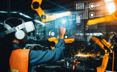 Dijital sanayi ve fabrika robotu teknolojisi için MLP Gelişmiş Robot Kol Sistemi. İnternet ağına bağlı IOT yazılımı kullanarak endüstri mühendisliği tarafından kontrol edilen otomasyon üretim robotu.