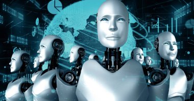 MLP 3d illüstrasyon Gelecek Finansal Teknoloji Kontrolü AI robot insansı makine öğrenimi ve yapay zeka kullanarak iş verilerini analiz ediyor ve yatırım ve ticaret hakkında tavsiyelerde bulunuyor