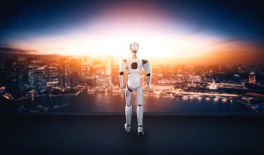 MLP 3D illüstrasyon 3D illüstrasyon robotu insansı şehir manzarası siluetine bakıyor. Yapay zekanın gelecekteki gelişimi için liderlik, fikir ve vizyon kavramı.