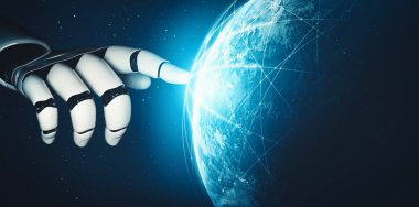 MLP 3D yorumlama fütüristik robot teknolojisi geliştirme, yapay zeka yapay zeka ve makine öğrenme kavramı. İnsan hayatının geleceği için küresel robot biyonik bilim araştırması.