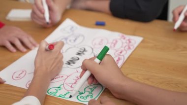 Yetenekli iş adamlarına yakın çekim yapmak beyin fırtınası yapmak, birlikte çalışmak, toplantı masasında zihin haritası ve renkli kalemler kullanarak pazarlama fikrini tartışmak. Eline odaklan. Tertemiz..