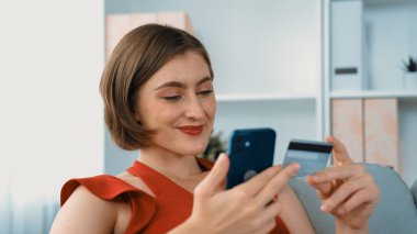 Kadın alışverişi ya da internet pazarında online ödeme modern yaşam tarzı için satış öğeleri arama ve prim siber güvenlik yazılımı tarafından korunan cüzdan çevrimiçi ödeme için kredi kartı kullanma