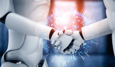 MLP 3D illüstrasyon insansı robot tokalaşması. Yapay zeka, yapay zeka ve 4. Endüstriyel Devrim için makine öğrenme sürecinin gelecekteki teknoloji gelişimine yardımcı olmak için..