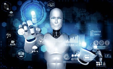 MLP 3d illüstrasyon yapay zeka kullanarak sanal ekrana dokunan yapay robot yapay zeka ile küresel iletişim ağı kavramını gösteriyor. 3B illüstrasyon