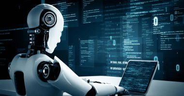 MLP 3d illüstrasyon Futuristik robot yapay zeka insansı yapay zeka programlama kodlama teknolojisi geliştirme ve makine öğrenme kavramı. İnsanlığın geleceği için robot biyonik bilim araştırması