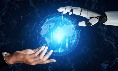 MLP 3D Rending futuristik robot teknolojisi geliştirme, yapay zeka yapay zeka ve makine öğrenme konsepti. İnsan hayatının geleceği için küresel robot biyonik bilim araştırması.