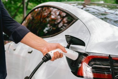Sonbahar gezisi sırasında sonbahar ormanı arabasında elektrikli araba için şarj eden bir adam. Sonbahar tatilinde elektrikli araçla çevre dostu bir seyahat. Yükselt