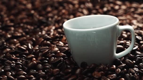 Закрыть Кофейные Зерна Падающие Чашку Кофе Окружении Кучи Фасоли Бросаю — стоковое видео