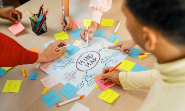 Profesyonel başlangıç grubu zihin haritası kullanarak yaratıcı pazarlama fikrini paylaşıyor. Genç yetenekli iş adamları yapışkan notlar yazarken beyin fırtınası planı yapıyorlar. Eline odaklan. - Yakın çekim. Değiştirilmiş.