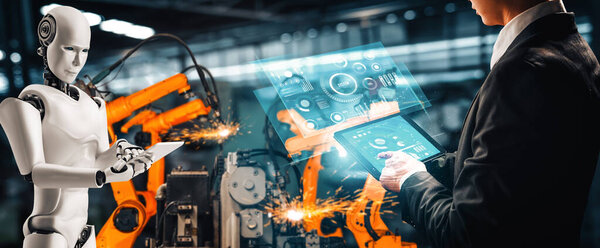 MLP Mechanized industry robot and human worker working together in future factory. Concept of artificial intelligence for industrial revolution and automation manufacturing process.