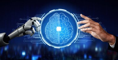 MLP 3D Rending futuristik robot teknolojisi geliştirme, yapay zeka yapay zeka ve makine öğrenme konsepti. İnsan hayatının geleceği için küresel robot biyonik bilim araştırması.