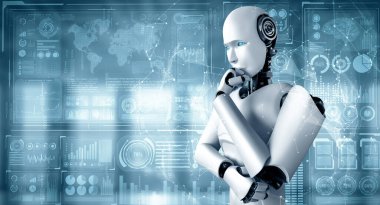 MLP 3D illüstrasyon Yapay Zeka Düşünme Robotu hologram ekranını analiz ediyor. Makine öğrenme süreciyle yapay zeka kullanarak büyük veri analitiğini gösteriyor. 3B illüstrasyon.