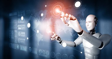 MLP 3d illüstrasyon yapay zeka kullanarak makine öğrenme sürecinde büyük veri analitiği kavramını gösteren sanal sanal sanal ekrana dokunan yapay yapay insansı robot yapay zekası. 3B illüstrasyon.