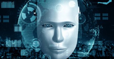 MLP 3d illüstrasyon Futuristik robot yapay zeka Huminoid yapay zeka endüstriyel fabrika teknolojisi geliştirme ve makine öğrenme konsepti için. İnsanoğlunun geleceği için robotik biyonik bilim araştırması