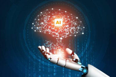 MLP 3D Rending futuristik robot teknolojisi geliştirme, yapay zeka yapay zeka ve makine öğrenme konsepti. İnsan hayatının geleceği için küresel robot biyonik bilim araştırması.