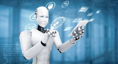 MLP 3D illüstrasyon Robot İnsansı Büyük Veri Analitiği için 4. Endüstriyel Sanayi için Yapay Zeka, Yapay Zeka ve Makine Öğrenme Süreci kullanılarak cep telefonu veya tablet kullanın