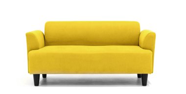 Beyaz arka planda sarı İskandinav tarzı çağdaş kanepe modern ve şık oturma odası için minimal mobilya tasarımı. uds