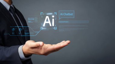 Yapay zeka sanal asistanı Chatbot ile yapay zeka konsepti ile insan etkileşimi, yapay zeka mühendisliği, LLM yapay zeka derin öğrenimi iş desteği için üretken yapay zeka kullanımı. FaaS