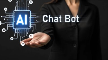 Yapay zeka sanal asistanı Chatbot ile yapay zeka konsepti ile insan etkileşimi, yapay zeka mühendisliği, LLM yapay zeka derin öğrenimi iş desteği için üretken yapay zeka kullanımı. FaaS