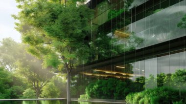 Cam ya da ayna yapısı, ağaç gibi zıt yöndeki her şeyi yansıtıyor. Bina bir sürü yeşil ağaçla çevrili. Ayna, güneşten gelen ışığı yansıtıyor. AIG43.