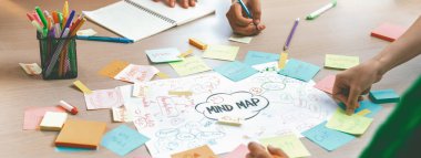 Profesyonel başlangıç grubu zihin haritası kullanarak yaratıcı pazarlama fikrini paylaşıyor. Genç yetenekli iş adamları yapışkan notlar yazarken beyin fırtınası planı yapıyorlar. Eline odaklan. - Yakın çekim. Değiştirilmiş.