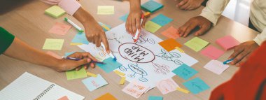 Profesyonel başlangıç grubu zihin haritası kullanarak yaratıcı pazarlama fikrini paylaşıyor. Genç yetenekli iş adamları yapışkan notlar yazarken beyin fırtınası planı yapıyorlar. Eline odaklan. - Yakın çekim. Değiştirilmiş.