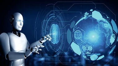 MLB 3d illüstrasyon yapay zeka kullanarak makine öğrenme sürecini kullanarak büyük veri analitiği kavramını gösteren sanal sanal ekrana dokunan yapay robot yapay zeka. 3B görüntüleme.