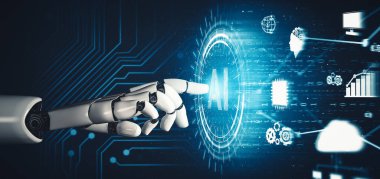 MLB 3D yorumlama fütüristik robot teknolojisi geliştirme, yapay zeka yapay zeka ve makine öğrenme kavramı. İnsan hayatının geleceği için küresel robot biyonik bilim araştırması.