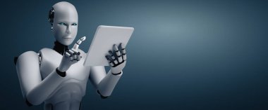 MLB 3D illüstrasyon robotu insansı geleceğin ofisinde tablet bilgisayar kullanarak yapay zeka, yapay zeka ve makine öğrenme sürecini kullanarak. 4. Sanayi Devrimi 3 boyutlu