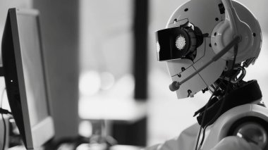 Çağrı merkezi asistanı olarak çalışan ve müşterilere yardım eden robotun siyah beyaz resmi müşteri hizmetleri, çoklu görev ve ürün bilgisi gibi beceriler gerektirir. AIG43.