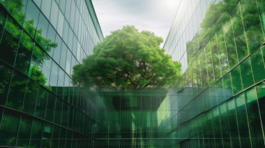 Cam ya da ayna yapısı, ağaç gibi zıt yöndeki her şeyi yansıtıyor. Bina bir sürü yeşil ağaçla çevrili. Ayna, güneşten gelen ışığı yansıtıyor. AIG43.