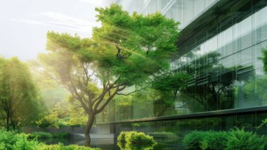 Cam ya da ayna yapısı, ağaç gibi zıt yöndeki her şeyi yansıtıyor. Bina bir sürü yeşil ağaçla çevrili. Ayna, güneşten gelen ışığı yansıtıyor. AIG43.