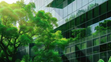 Cam ya da ayna yapısı, ağaç gibi zıt yöndeki her şeyi yansıtıyor. Bina bir sürü yeşil ağaçla çevrili. Ayna, güneşten gelen ışığı yansıtıyor. AIG43.