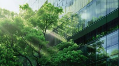 Cam ya da ayna yapısı, ağaç gibi zıt yöndeki her şeyi yansıtıyor. Bina bir sürü yeşil ağaçla çevrili. Ayna, güneşten gelen ışığı yansıtıyor. AIG43.