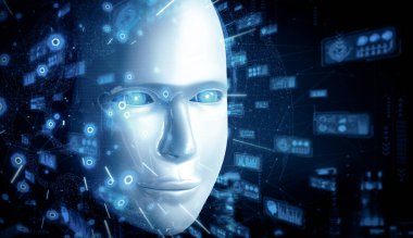 MLB 3D illüstrasyon robotu insansı yüzü, 4. endüstriyel endüstriyel için yapay zeka ve makine öğrenme süreci tarafından yapay zeka ve yapay zeka tarafından büyük veri analizinin grafiksel konseptiyle yakınlaştırılmıştır.