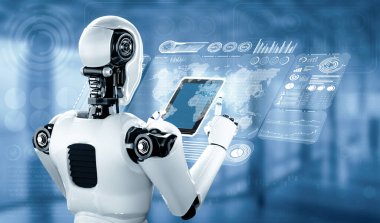 Büyük veri analizi için tablet bilgisayar kullanan MLB 3D illüstrasyon Robot İnsanımsı 4. Sanayi Devrimi için yapay zeka ve makine öğrenme sürecini kullanan yapay zeka