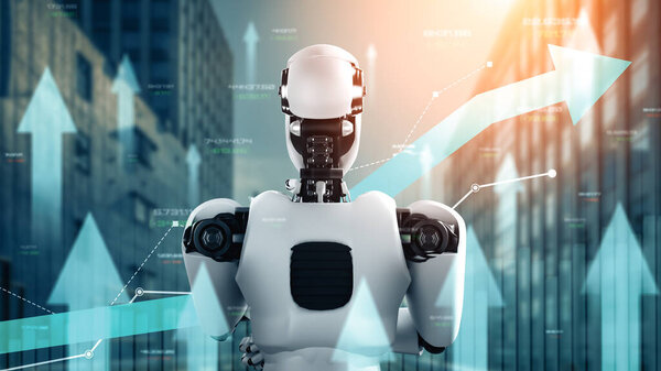 MLB 3d illustration Business growth concept by using AI robot and machine learning technology to analyze data and give advice on future business investment planning. 3D rendering illustration.