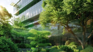 Cam ya da ayna yapısı, ağaç gibi zıt yöndeki her şeyi yansıtıyor. Bina bir sürü yeşil ağaçla çevrili. Ayna, güneşten gelen ışığı yansıtıyor. AIG43.