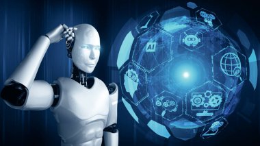 MLB 3D illüstrasyon Yapay Zeka Düşünen Hominoid robot hologram ekran analizi makine öğrenme süreciyle yapay zeka kullanarak küresel ağ iletişimi kavramını gösteriyor. 3B hazırlama bilgisayarı