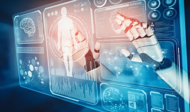 MLB 3D tıbbi yapay zeka robotu geleceğin hastanesinde çalışıyor. Hasta ve biyomedikal teknoloji konsepti için gelecekteki protez sağlık hizmetleri.