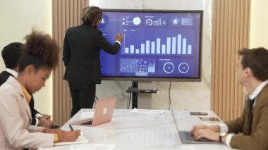 Ofisteki sunum ya da analist ekibiyle süs toplantı odasında mali verileri analiz etmek için BI Fintech 'i kullanın. İş adamları stratejik planlama için TV ekranında BI gösterge panelini analiz ediyor