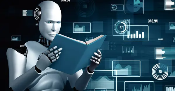 stock image MLB 3d illustration Future financial technology controll by AI robot huminoid uses machine learning and artificial intelligence to analyze business data and give advice on investment and trading