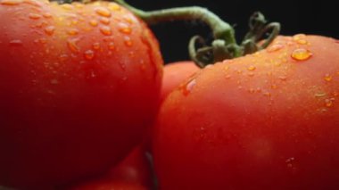Makrografi, ahşap bir sepete yerleştirilmiş domatesler dramatik bir siyah arka plana karşı sergileniyor. Her yakın çekim domateslerin zengin renklerini ve dokularını yakalar. Geliştirilebilir.