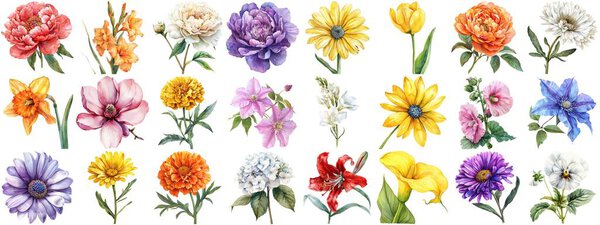 Watercolor flower set isolated background. Various floral collection of nature blooming flower clip art illustration element for retro flora wedding or romantic valentine card. crisp edges cut out.