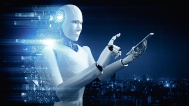 MLB 3D illüstrasyon Robot Hominoidi, 4. Sanayi Devrimi için yapay zeka ve makine öğrenme sürecini kullanarak küresel ağ bağlantısı için cep telefonu veya tablet kullan