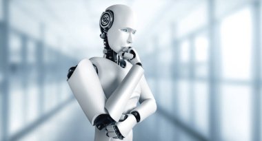 MLB 3D illüstrasyon. Yapay zeka kavramında yapay zeka kavramını inceleyen yapay zeka analizi yapan yapay zeka düşünen yapay robot. Dördüncü endüstriyel devrim için. 3B illüstrasyon.