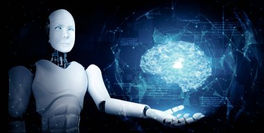 MLB 3d illüstrasyon yapay zeka ve yapay zeka kavramını gösteren sanal hologram ekran tutan yapay yapay yapay robot yapay zeka. 3B illüstrasyon.