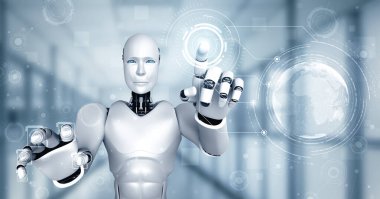 MLB 3d illüstrasyon yapay zeka kullanarak sanal ekrana dokunan yapay robot yapay zeka ile küresel iletişim ağı kavramını gösteriyor. 3B illüstrasyon